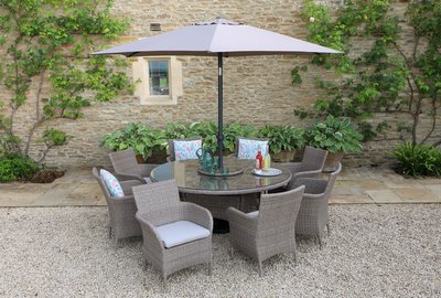 LG Outdoor Monaco Sand 8 Seat Dining Set with Weave Lazy Susan and 3.0m Parasol